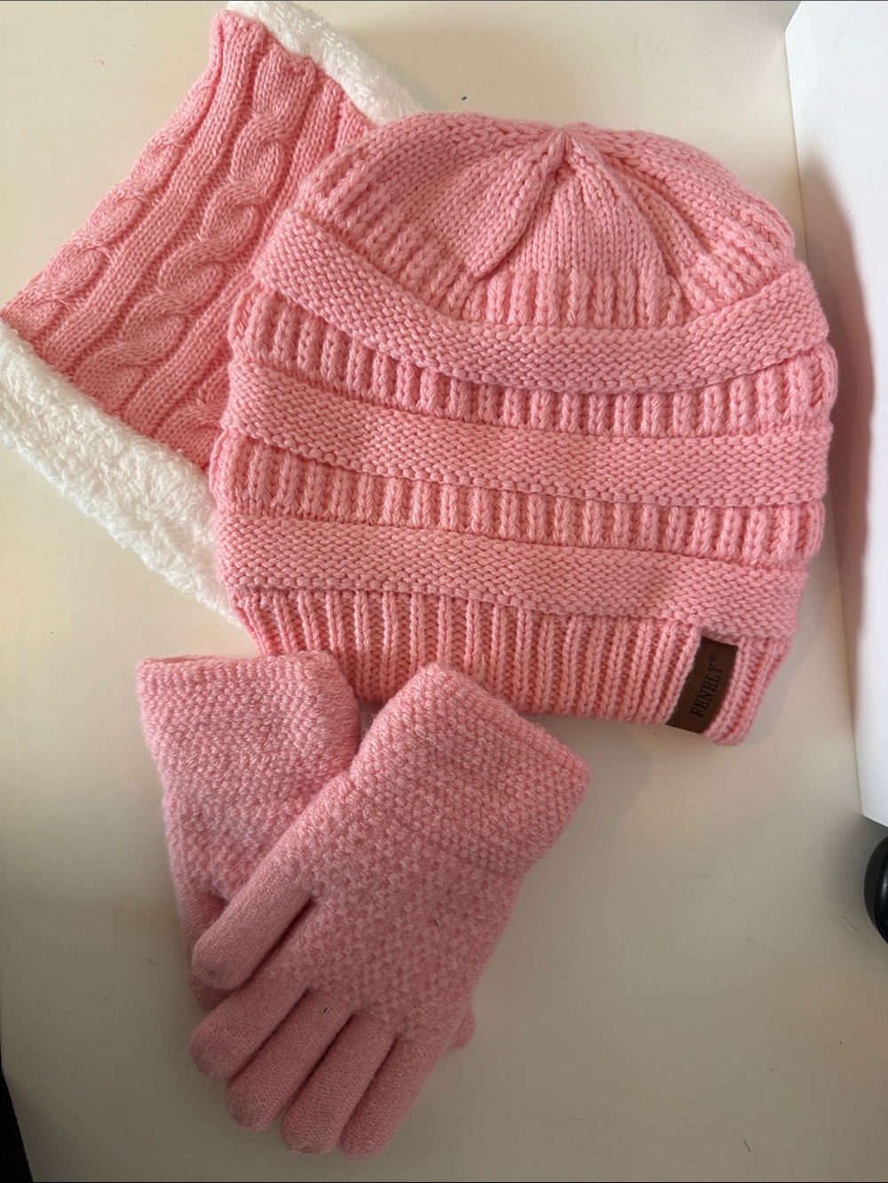 Kids Pink Knit Beanie, Scarf & Gloves Set